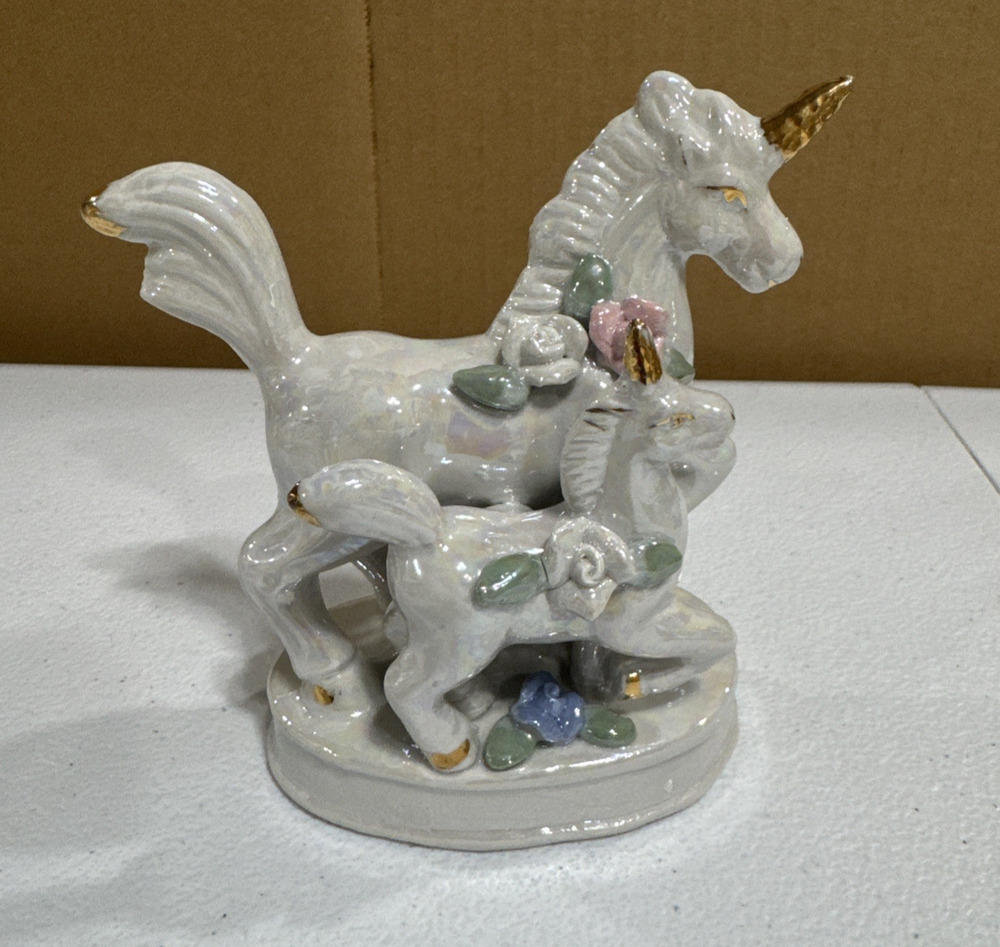 VTG Iridescent Porcelain Unicorn Mother & Baby Foal With Flowers Figurine Magic